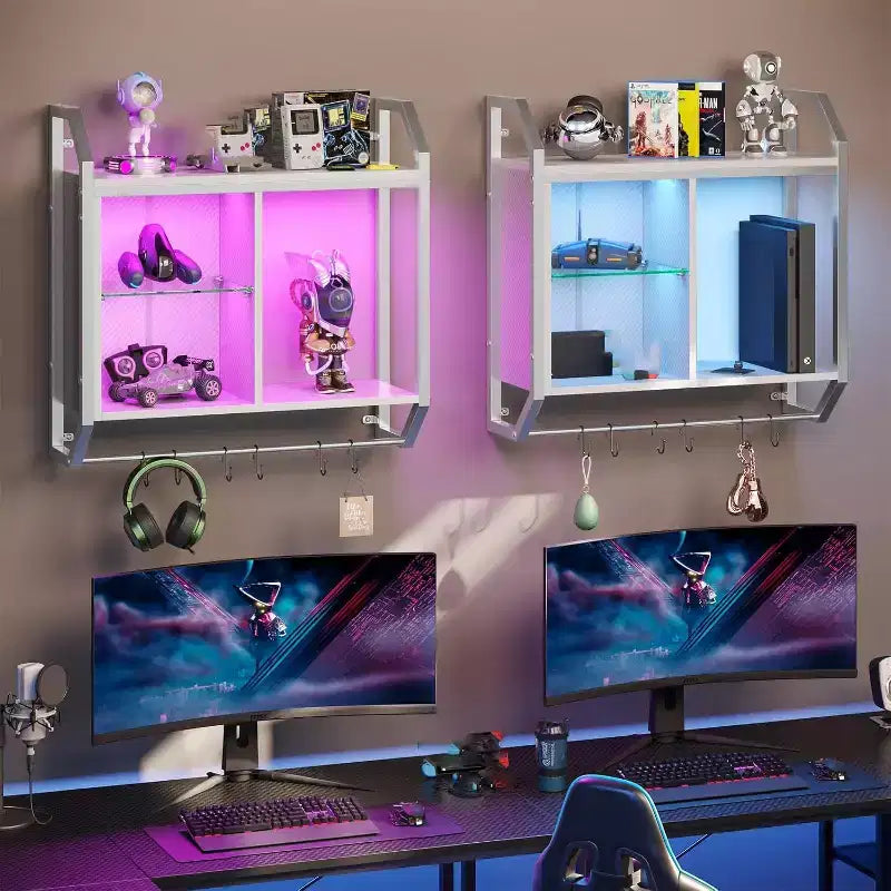 Schwebende LED-Regale, wandmontiertes Gaming-Regal mit verstellbaren Glasböden, Stauraum und Dekoration fürs Gaming-Zimmer
