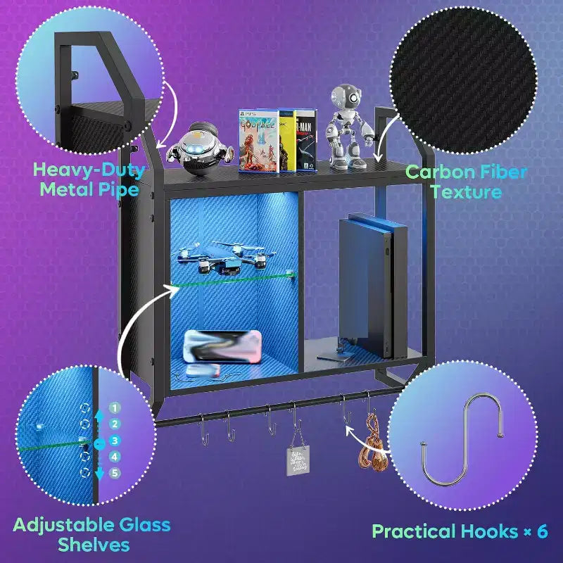 Étagères flottantes à LED, étagère murale de jeu avec étagères en verre réglables, rangement décoratif pour salle de jeux