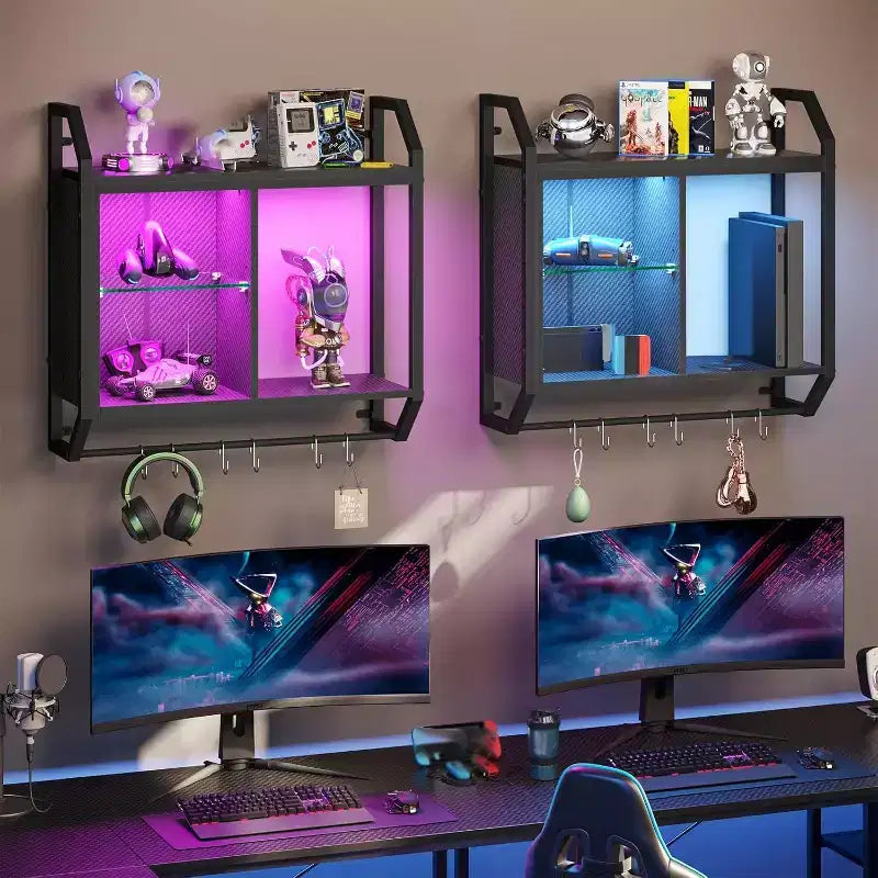 Schwebende LED-Regale, wandmontiertes Gaming-Regal mit verstellbaren Glasböden, Stauraum und Dekoration fürs Gaming-Zimmer
