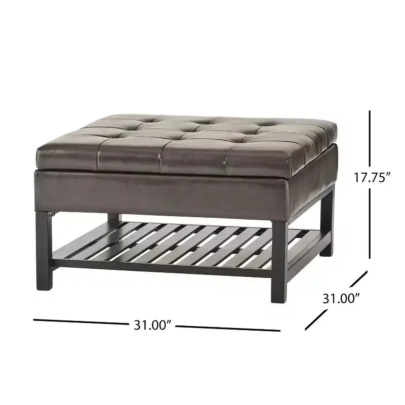 Pouf de rangement contemporain capitonné en cuir reconstitué avec étagère, brun/brun foncé
