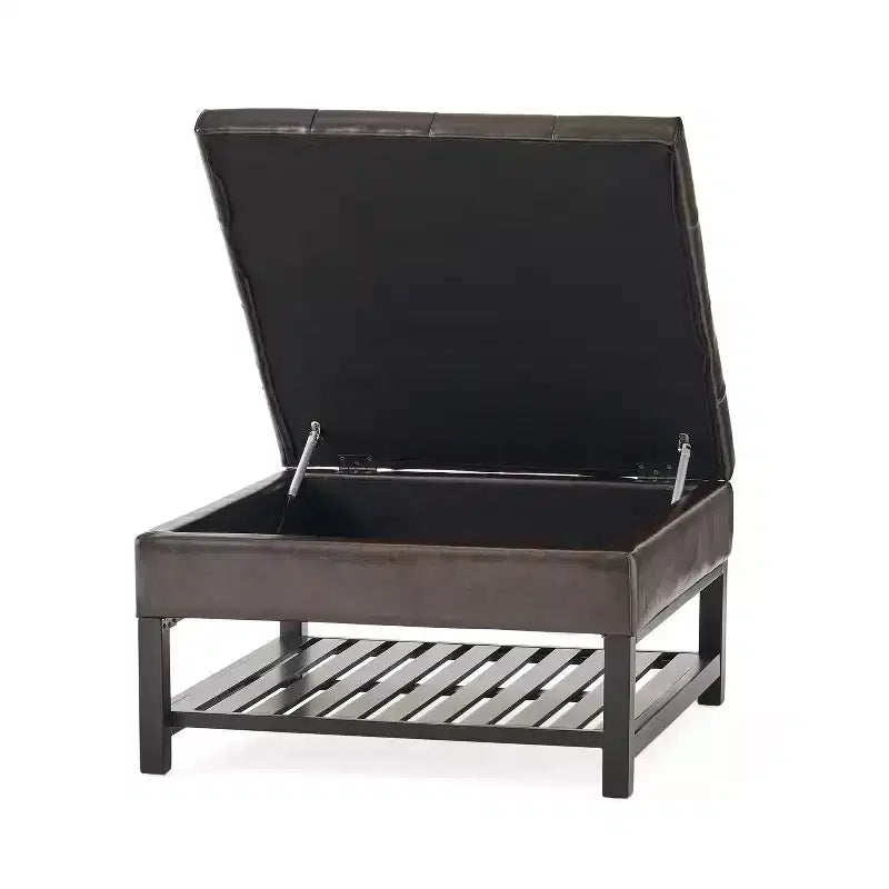 Modernes Stauraum-Ottoman mit Knopfheftung aus Kunstleder und Ablagefläche, Braun/Dunkelbraun