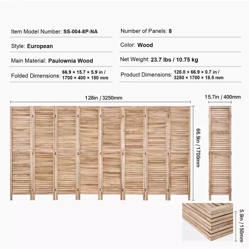 Biombo de madera, separador plegable de privacidad de 8 paneles, partición interior de lamas de 66.9 pulgadas de alto, biombo decorativo portátil