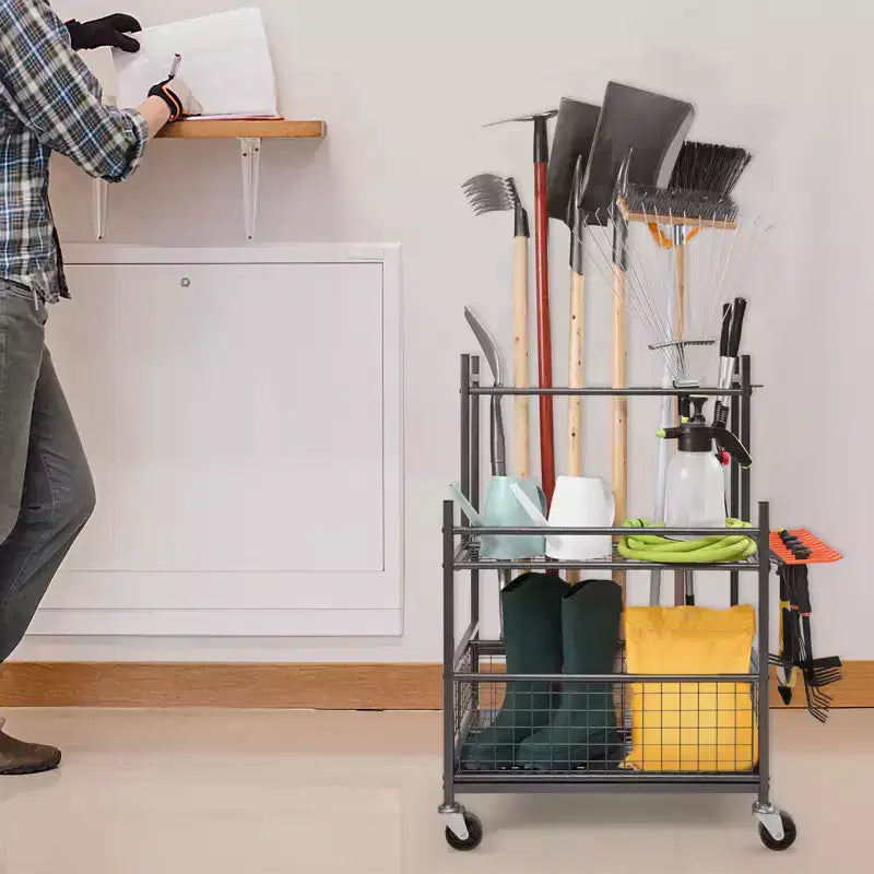 Rangement pour outils de jardin, 16 emplacements avec crochets, support à roulettes pour garage, pour organiser et ranger les outils à long manche et les râteaux