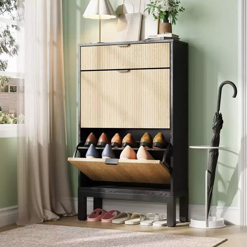 Meuble à chaussures avec 2/3/4 tiroirs basculants, organisateur à chaussures cannelé de style champêtre, étroit et autoportant avec rangement dissimulé pour entrée et vestibule