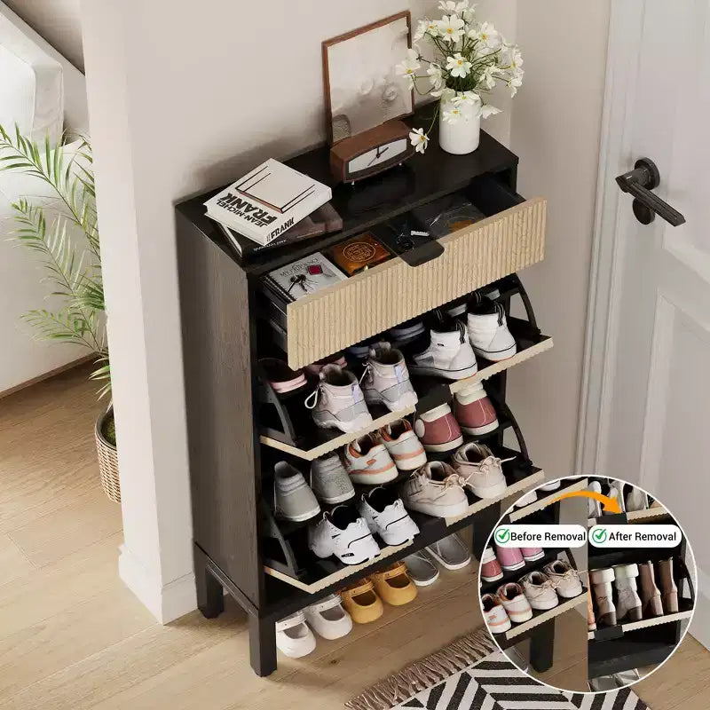 Meuble à chaussures avec 2/3/4 tiroirs basculants, organisateur à chaussures cannelé de style champêtre, étroit et autoportant avec rangement dissimulé pour entrée et vestibule