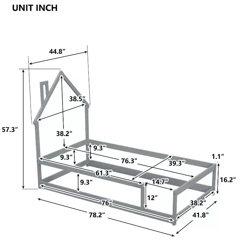 Lit au sol une place avec tête de lit en forme de maison et barrières de sécurité, cadre de lit bas moderne en bois pour la maison
