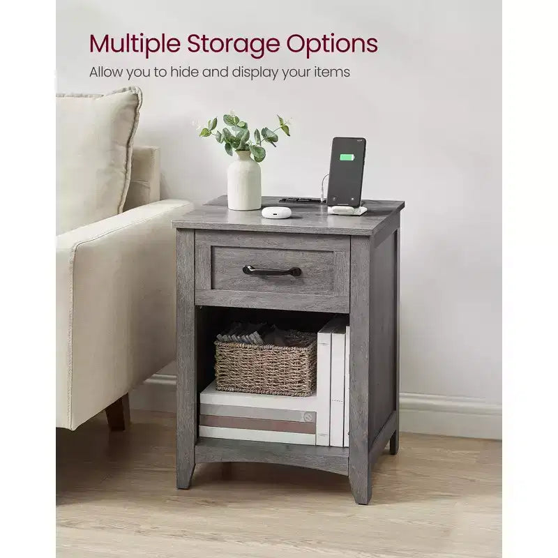 Ensemble de 2 tables de chevet de style campagne avec station de recharge USB, tiroir et étagère ouverte, pour la décoration intérieure, gris brume