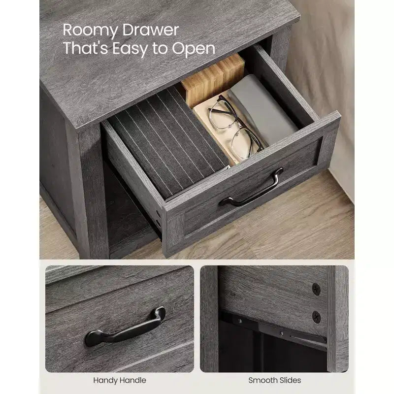 Ensemble de 2 tables de chevet de style campagne avec station de recharge USB, tiroir et étagère ouverte, pour la décoration intérieure, gris brume