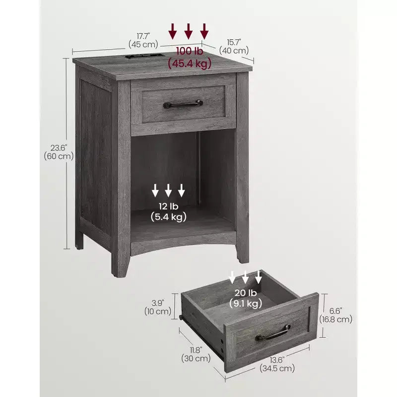 Ensemble de 2 tables de chevet de style campagne avec station de recharge USB, tiroir et étagère ouverte, pour la décoration intérieure, gris brume