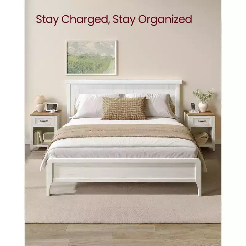 Ensemble de 2 tables de chevet de style campagne avec station de recharge USB, tiroir et étagère ouverte, pour la décoration intérieure, gris brume