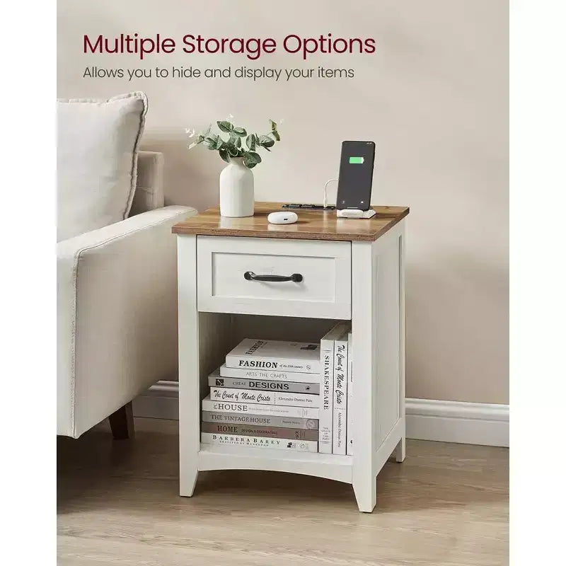 Ensemble de 2 tables de chevet de style campagne avec station de recharge USB, tiroir et étagère ouverte, pour la décoration intérieure, gris brume
