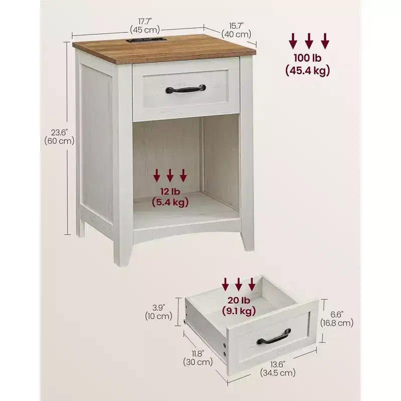Ensemble de 2 tables de chevet de style campagne avec station de recharge USB, tiroir et étagère ouverte, pour la décoration intérieure, gris brume