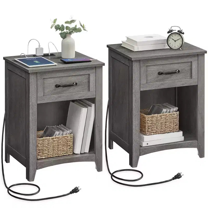 Ensemble de 2 tables de chevet de style campagne avec station de recharge USB, tiroir et étagère ouverte, pour la décoration intérieure, gris brume