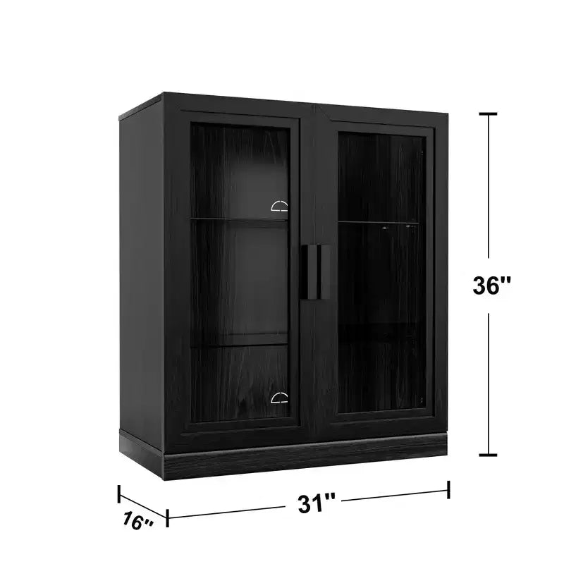 Buffet d’appoint en bois noir 72x31x16 avec étagères réglables et portes vitrées, pour cuisine, chambre, salon/salle à manger