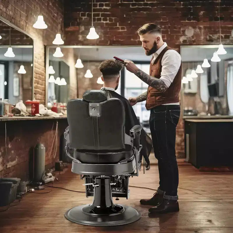 Fauteuil de barbier inclinable et ergonomique à réglage hydraulique, équipement de coiffure pour salon de beauté et spa, noir avec accoudoirs