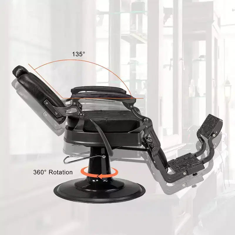 Fauteuil de barbier inclinable et ergonomique à réglage hydraulique, équipement de coiffure pour salon de beauté et spa, noir avec accoudoirs