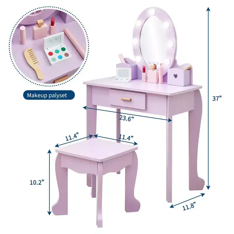 Coiffeuse pour enfant avec miroir et tabouret, coiffeuse pour fille avec éclairage tactile et jouet de maquillage en bois, coiffeuse de princesse pour tout-petites