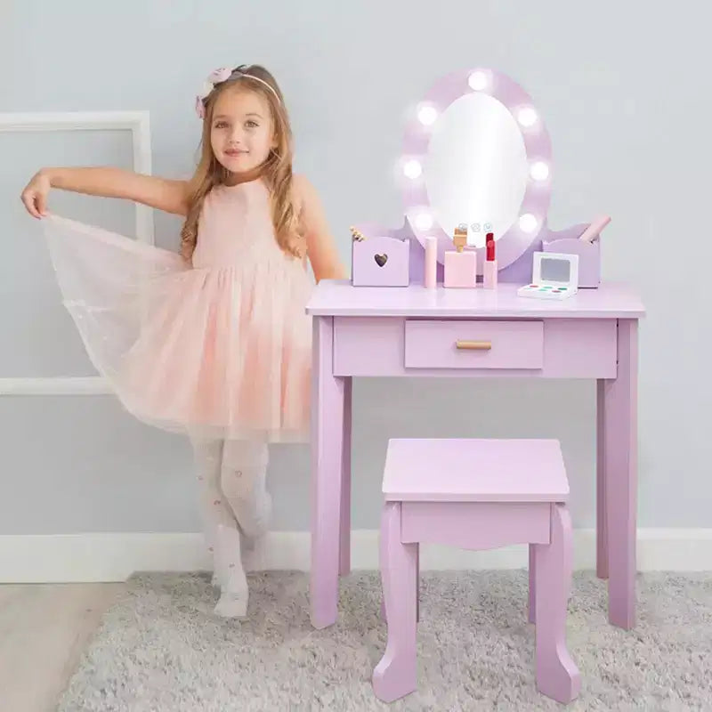 Coiffeuse pour enfant avec miroir et tabouret, coiffeuse pour fille avec éclairage tactile et jouet de maquillage en bois, coiffeuse de princesse pour tout-petites