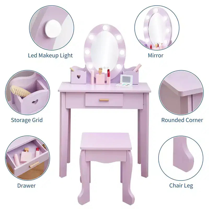 Coiffeuse pour enfant avec miroir et tabouret, coiffeuse pour fille avec éclairage tactile et jouet de maquillage en bois, coiffeuse de princesse pour tout-petites