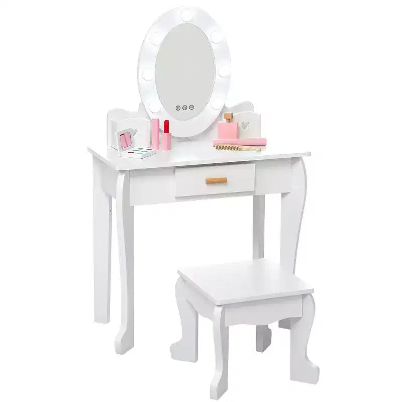 Coiffeuse pour enfant avec miroir et tabouret, coiffeuse pour fille avec éclairage tactile et jouet de maquillage en bois, coiffeuse de princesse pour tout-petites
