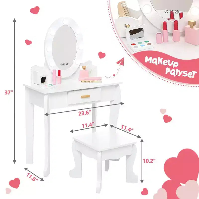 Coiffeuse pour enfant avec miroir et tabouret, coiffeuse pour fille avec éclairage tactile et jouet de maquillage en bois, coiffeuse de princesse pour tout-petites