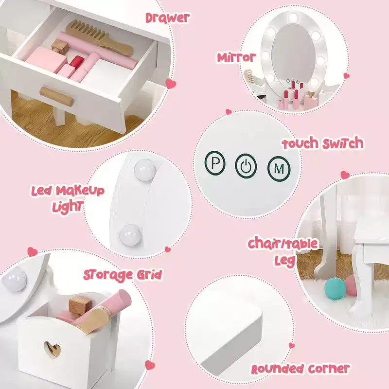 Coiffeuse pour enfant avec miroir et tabouret, coiffeuse pour fille avec éclairage tactile et jouet de maquillage en bois, coiffeuse de princesse pour tout-petites