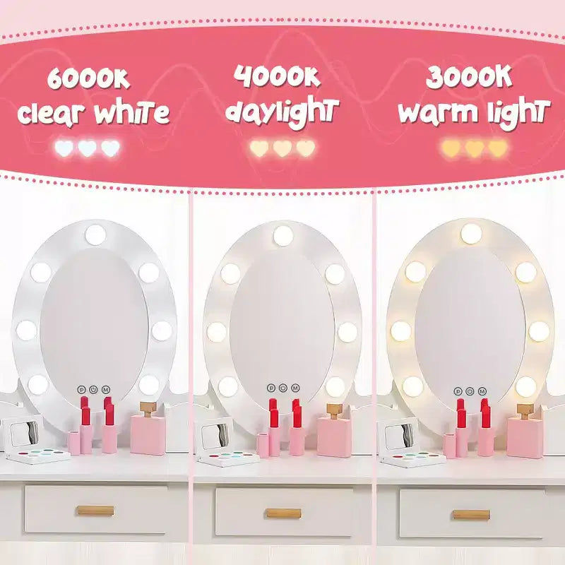 Coiffeuse pour enfant avec miroir et tabouret, coiffeuse pour fille avec éclairage tactile et jouet de maquillage en bois, coiffeuse de princesse pour tout-petites