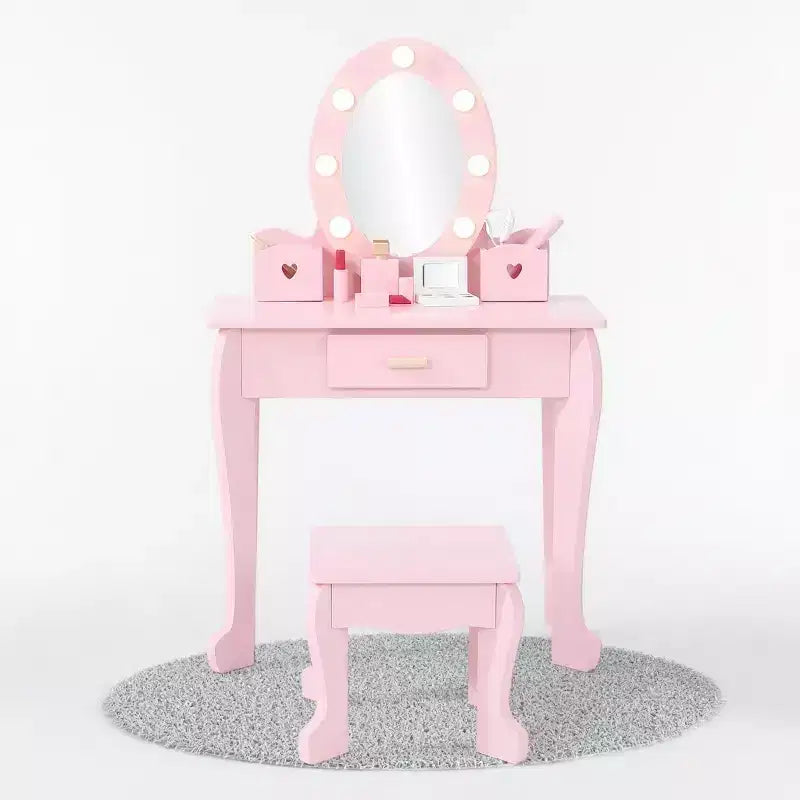 Kinderschminktisch mit Spiegel und Hocker, Schminktisch für Mädchen mit Touch-Beleuchtung und Spiel-Make-up-Set aus Holz, Prinzessinnen-Schminktisch für Kleinkinder