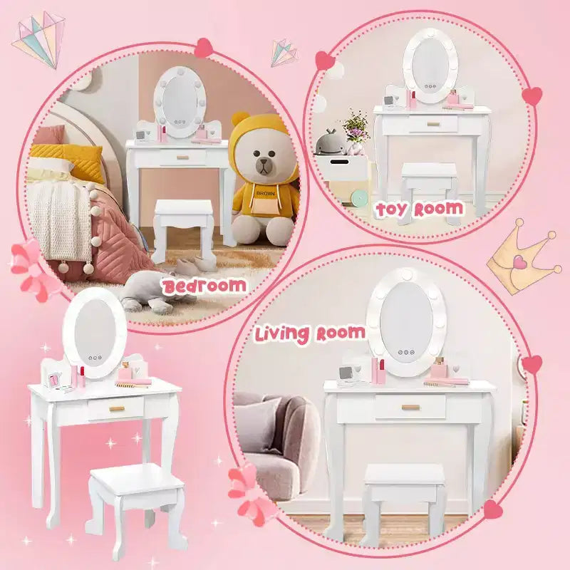 Coiffeuse pour enfant avec miroir et tabouret, coiffeuse pour fille avec éclairage tactile et jouet de maquillage en bois, coiffeuse de princesse pour tout-petites
