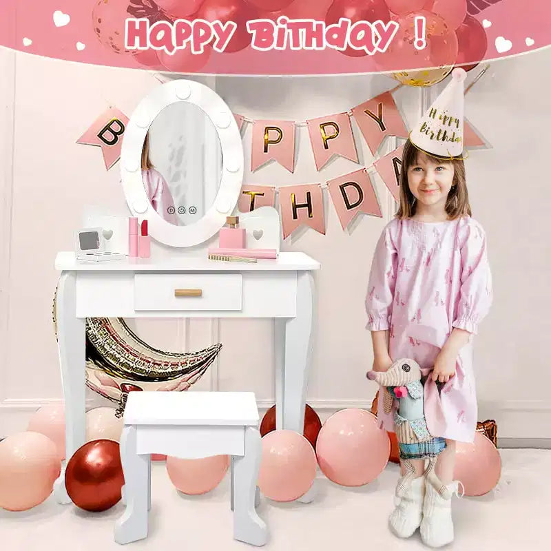 Coiffeuse pour enfant avec miroir et tabouret, coiffeuse pour fille avec éclairage tactile et jouet de maquillage en bois, coiffeuse de princesse pour tout-petites