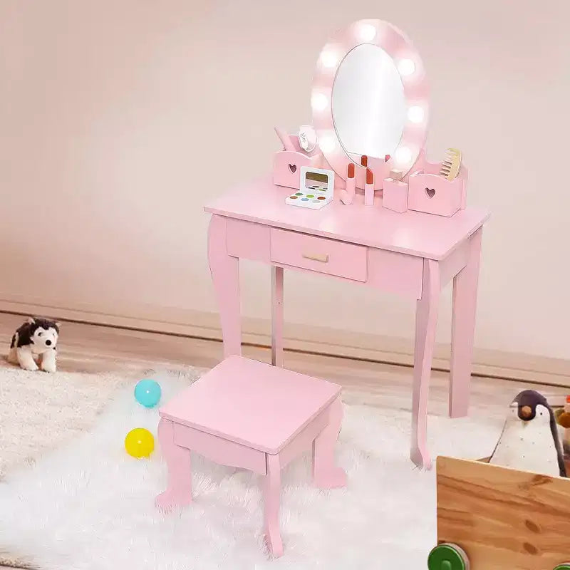 Kinderschminktisch mit Spiegel und Hocker, Schminktisch für Mädchen mit Touch-Beleuchtung und Spiel-Make-up-Set aus Holz, Prinzessinnen-Schminktisch für Kleinkinder