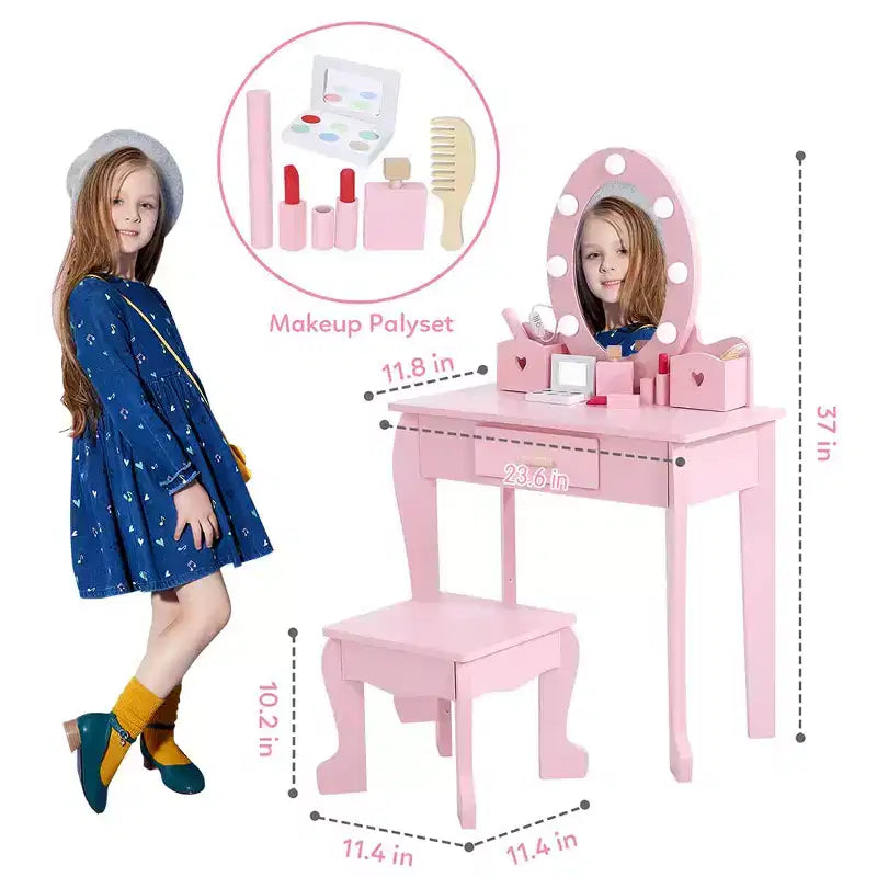 Kinderschminktisch mit Spiegel und Hocker, Schminktisch für Mädchen mit Touch-Beleuchtung und Spiel-Make-up-Set aus Holz, Prinzessinnen-Schminktisch für Kleinkinder
