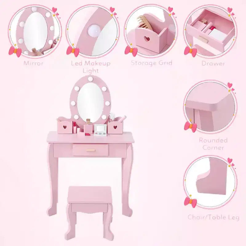 Coiffeuse pour enfant avec miroir et tabouret, coiffeuse pour fille avec éclairage tactile et jouet de maquillage en bois, coiffeuse de princesse pour tout-petites