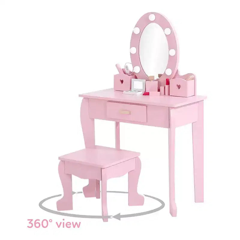 Coiffeuse pour enfant avec miroir et tabouret, coiffeuse pour fille avec éclairage tactile et jouet de maquillage en bois, coiffeuse de princesse pour tout-petites