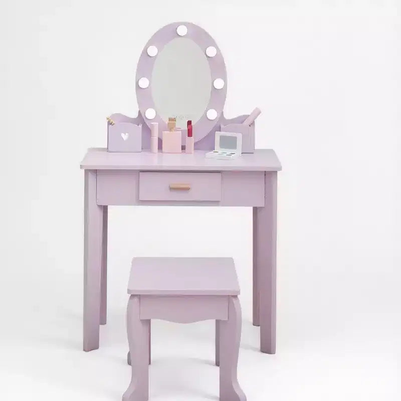 Coiffeuse pour enfant avec miroir et tabouret, coiffeuse pour fille avec éclairage tactile et jouet de maquillage en bois, coiffeuse de princesse pour tout-petites