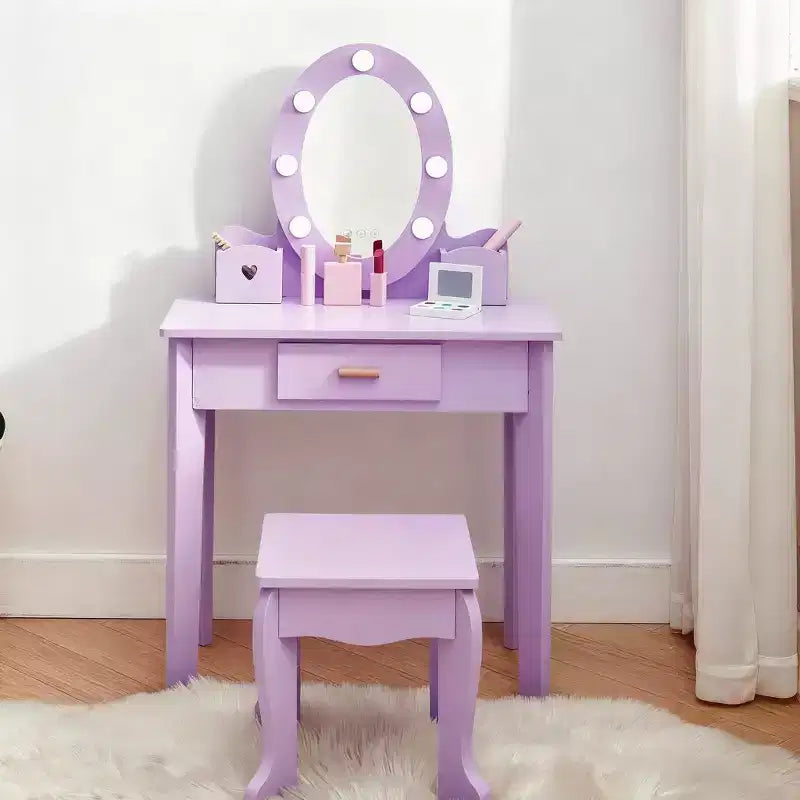 Kinderschminktisch mit Spiegel und Hocker, Schminktisch für Mädchen mit Touch-Beleuchtung und Spiel-Make-up-Set aus Holz, Prinzessinnen-Schminktisch für Kleinkinder