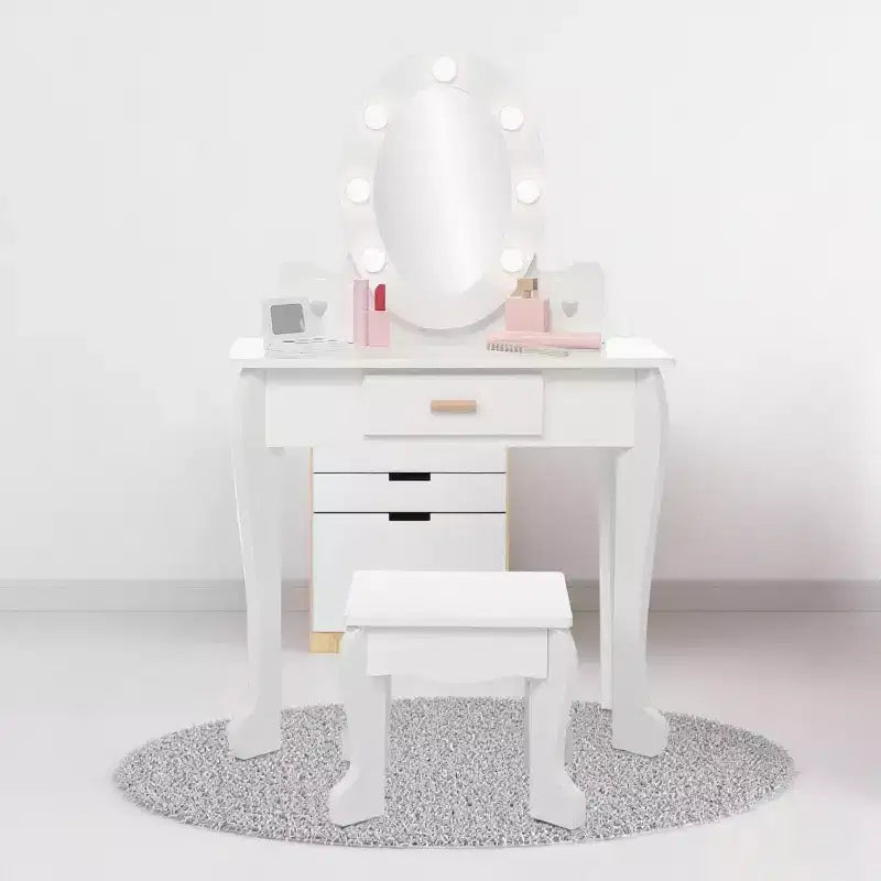 Kinderschminktisch mit Spiegel und Hocker, Schminktisch für Mädchen mit Touch-Beleuchtung und Spiel-Make-up-Set aus Holz, Prinzessinnen-Schminktisch für Kleinkinder