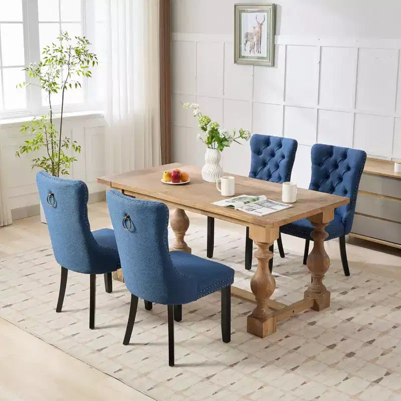 Lot de 2 chaises de salle à manger contemporaines haut de gamme en bois massif, rembourrées de lin, capitonnées, avec pieds en bois et garniture de clous décoratifs