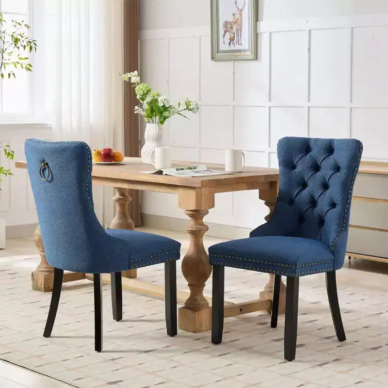 Lot de 2 chaises de salle à manger contemporaines haut de gamme en bois massif, rembourrées de lin, capitonnées, avec pieds en bois et garniture de clous décoratifs