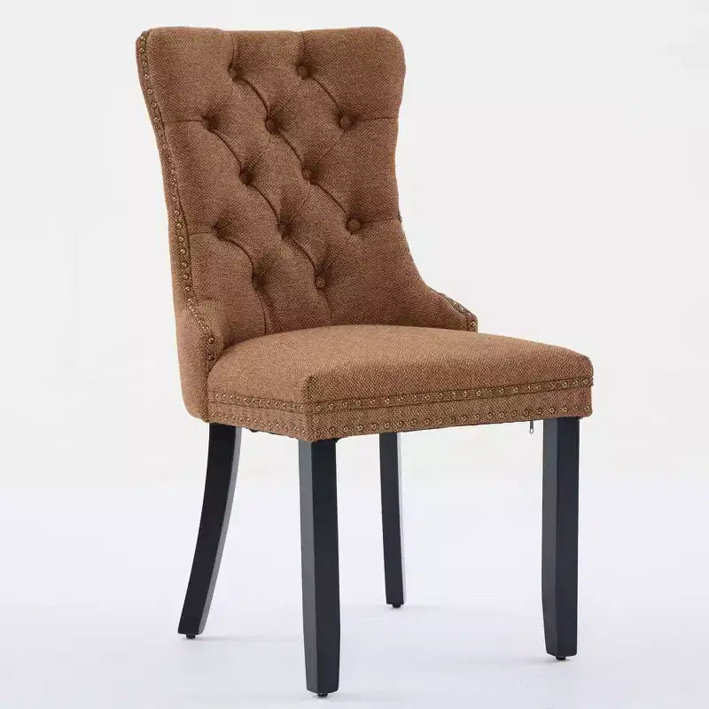 Lot de 2 chaises de salle à manger contemporaines haut de gamme en bois massif, rembourrées de lin, capitonnées, avec pieds en bois et garniture de clous décoratifs