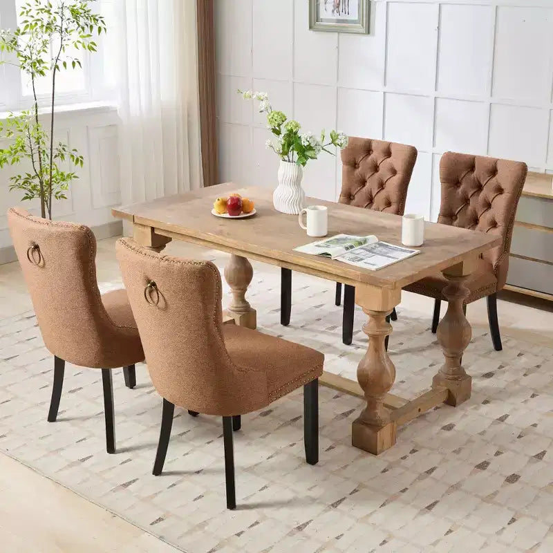 Lot de 2 chaises de salle à manger contemporaines haut de gamme en bois massif, rembourrées de lin, capitonnées, avec pieds en bois et garniture de clous décoratifs