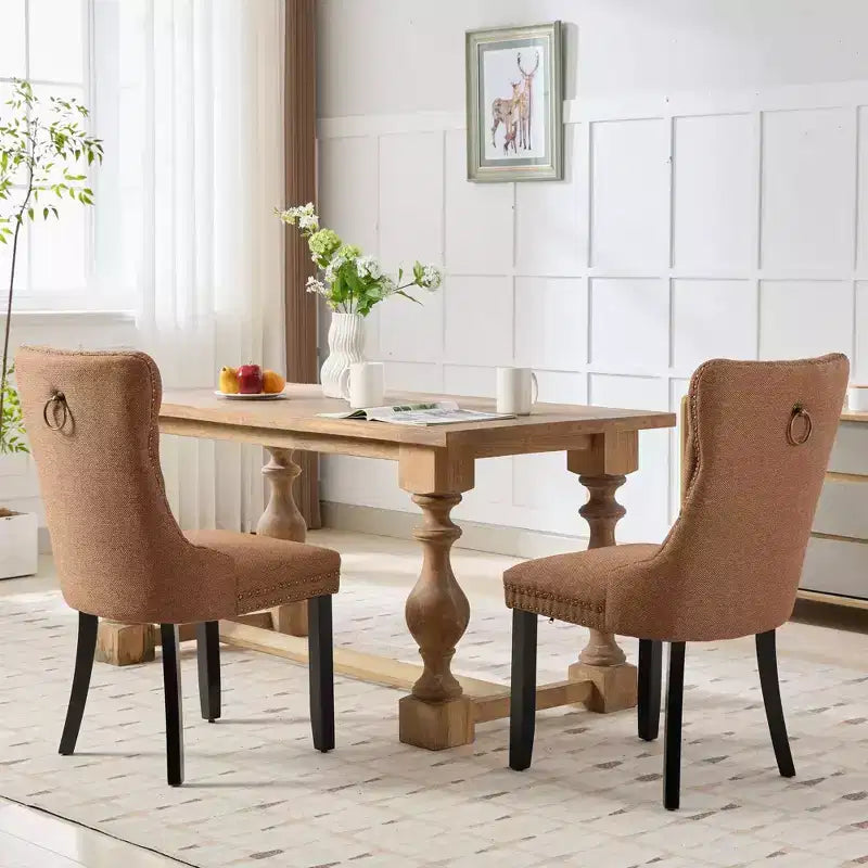 Lot de 2 chaises de salle à manger contemporaines haut de gamme en bois massif, rembourrées de lin, capitonnées, avec pieds en bois et garniture de clous décoratifs
