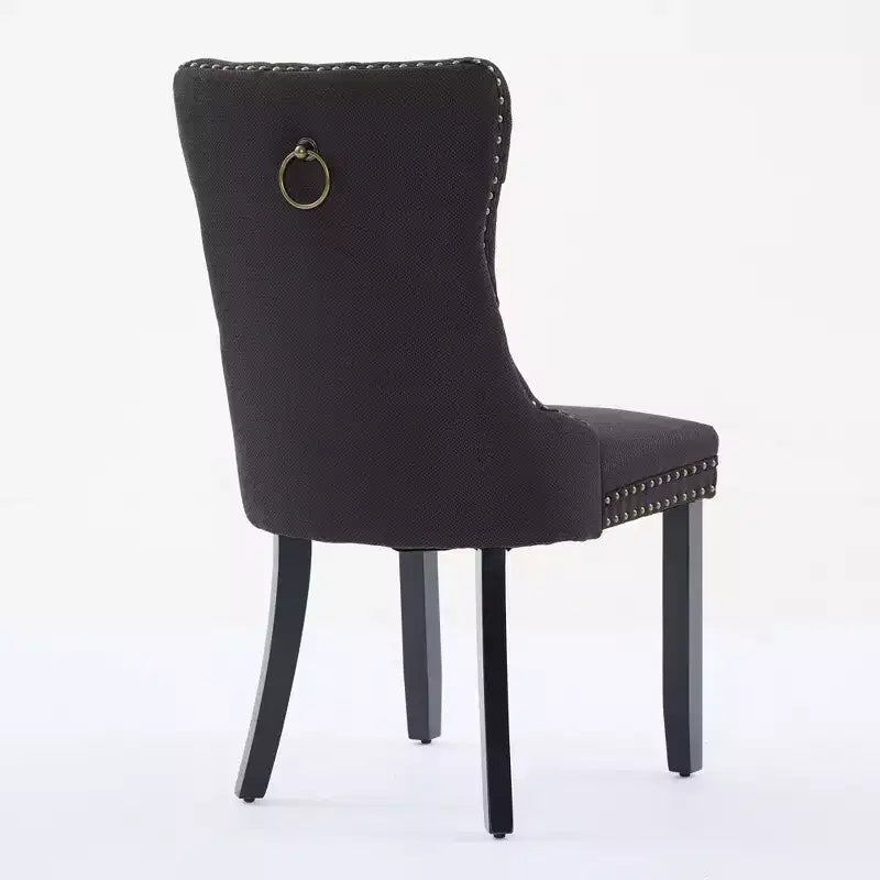 Lot de 2 chaises de salle à manger contemporaines haut de gamme en bois massif, rembourrées de lin, capitonnées, avec pieds en bois et garniture de clous décoratifs
