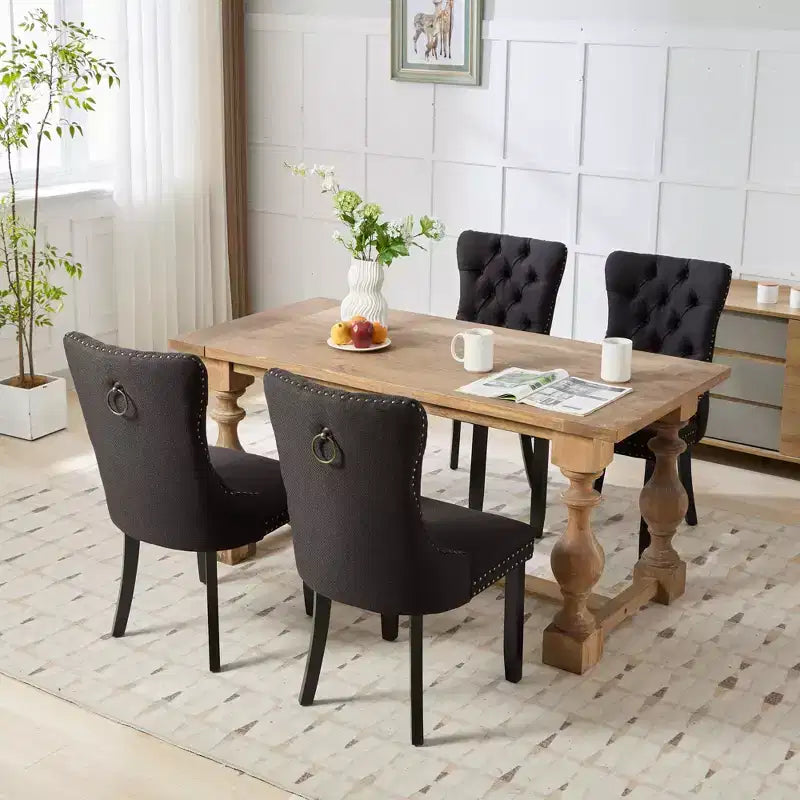 Lot de 2 chaises de salle à manger contemporaines haut de gamme en bois massif, rembourrées de lin, capitonnées, avec pieds en bois et garniture de clous décoratifs