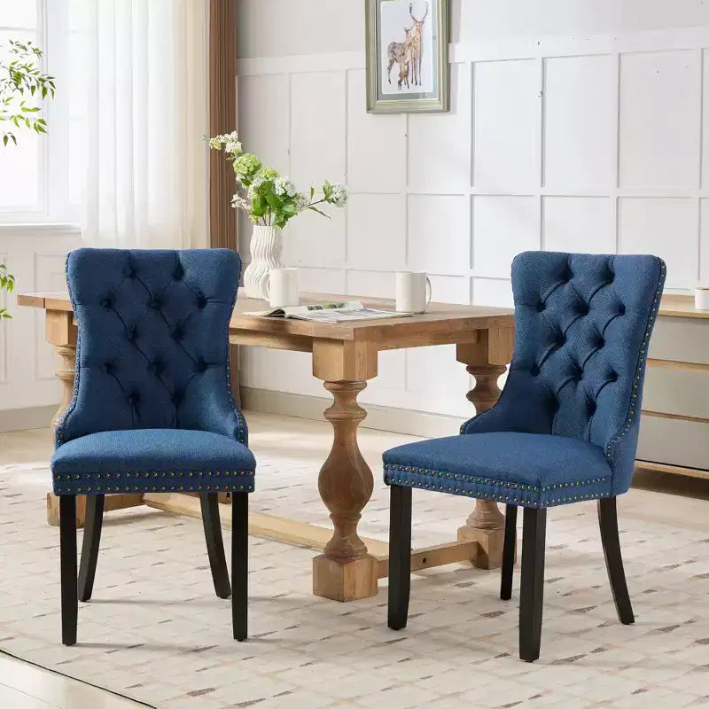 Lot de 2 chaises de salle à manger contemporaines haut de gamme en bois massif, rembourrées de lin, capitonnées, avec pieds en bois et garniture de clous décoratifs