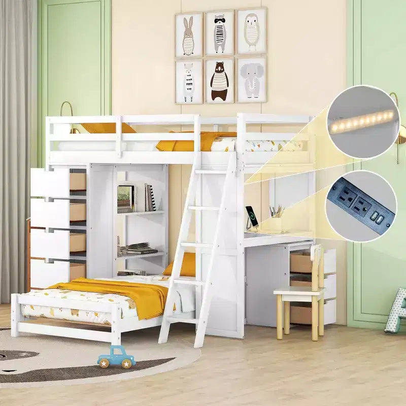 Etagenbett für zwei Einzelbetten mit Schubladen, Regalen, Schreibtisch, LED-Licht und Ladeanschlüssen