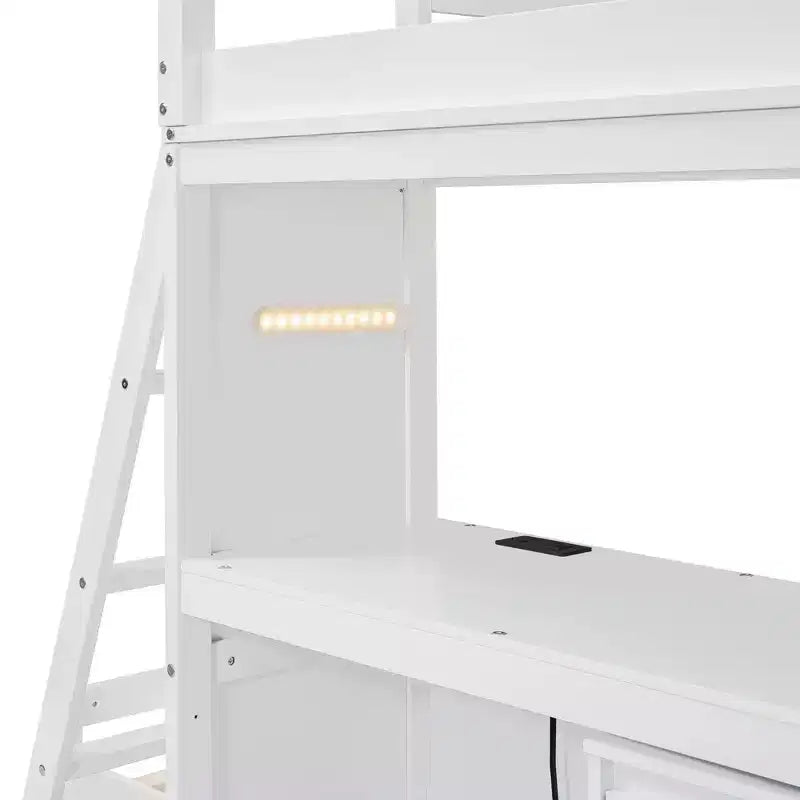 Etagenbett für zwei Einzelbetten mit Schubladen, Regalen, Schreibtisch, LED-Licht und Ladeanschlüssen