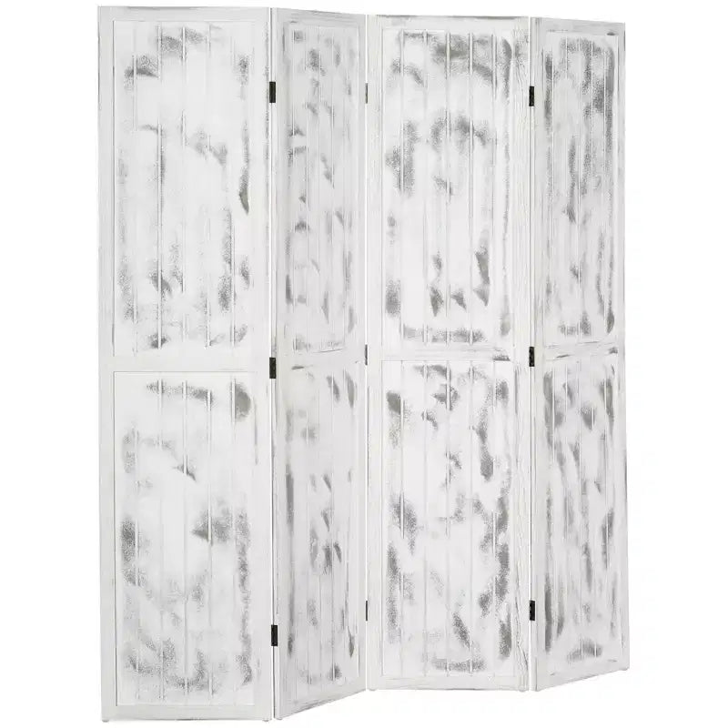 Paravent pliant à 4 panneaux en bois, motif veinage blanc, 63.25x67x0.75