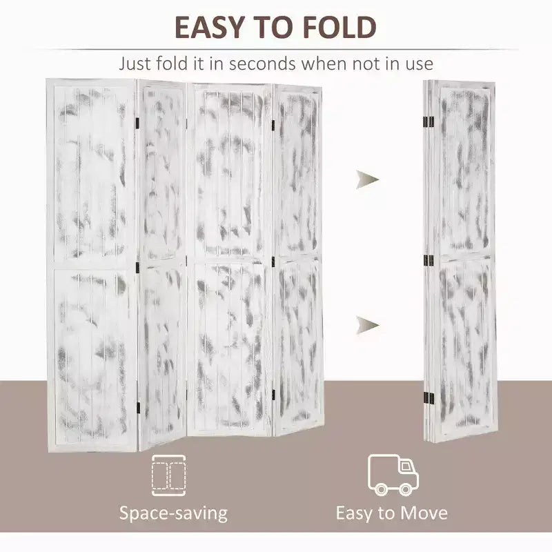 Paravent pliant à 4 panneaux en bois, motif veinage blanc, 63.25x67x0.75