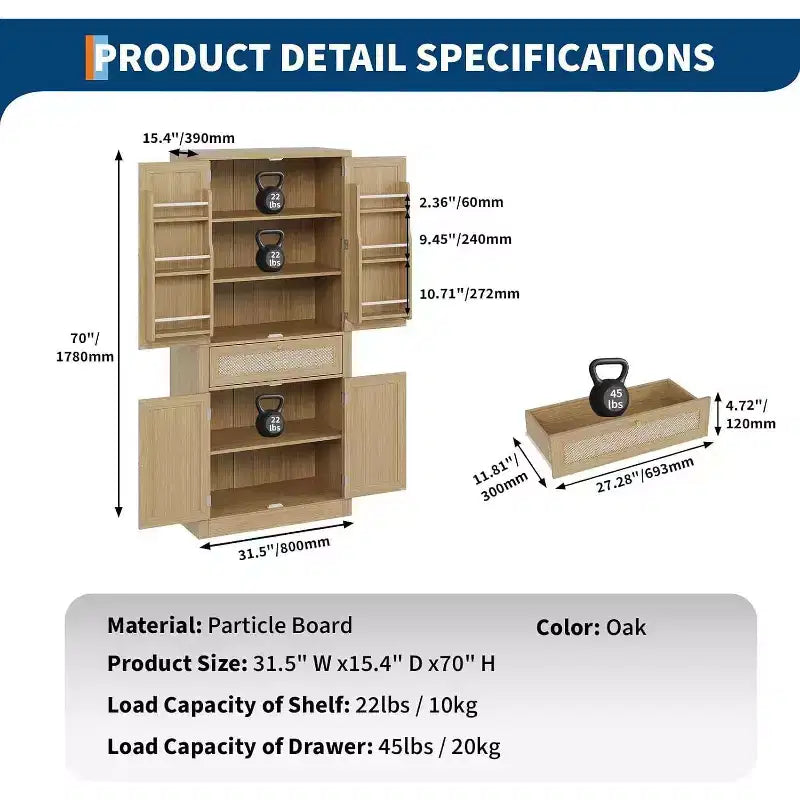Garde-manger de cuisine en rotin de 72 pouces de haut avec tiroir et étagères réglables, armoire de rangement de style rustique pour cuisine, salle à manger ou salle de bains